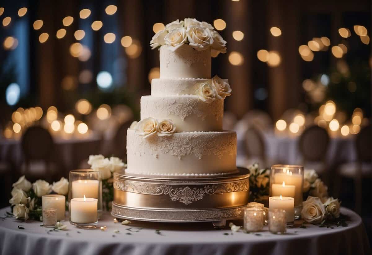 A five-tier wedding cake adorned with cascading flowers and intricate lace designs sits on a table surrounded by twinkling fairy lights and elegant table settings