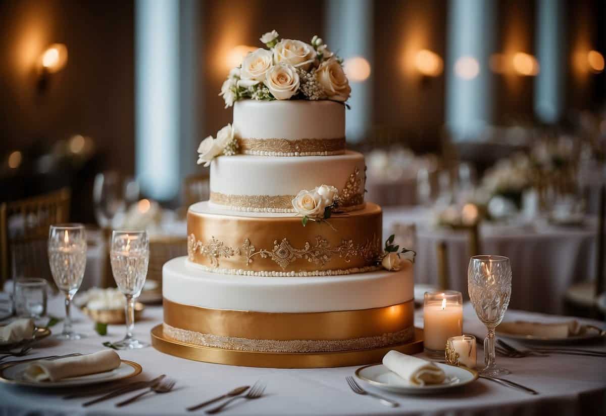 A table adorned with five elegant tiered wedding cake designs, showcasing various styles and decorations