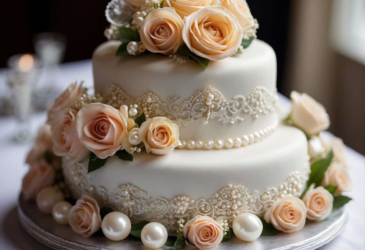 A five-tier wedding cake adorned with intricate lace piping, delicate sugar flowers, and shimmering edible pearls. Each tier features unique decorative techniques and embellishments, creating a stunning and elegant centerpiece for the celebration