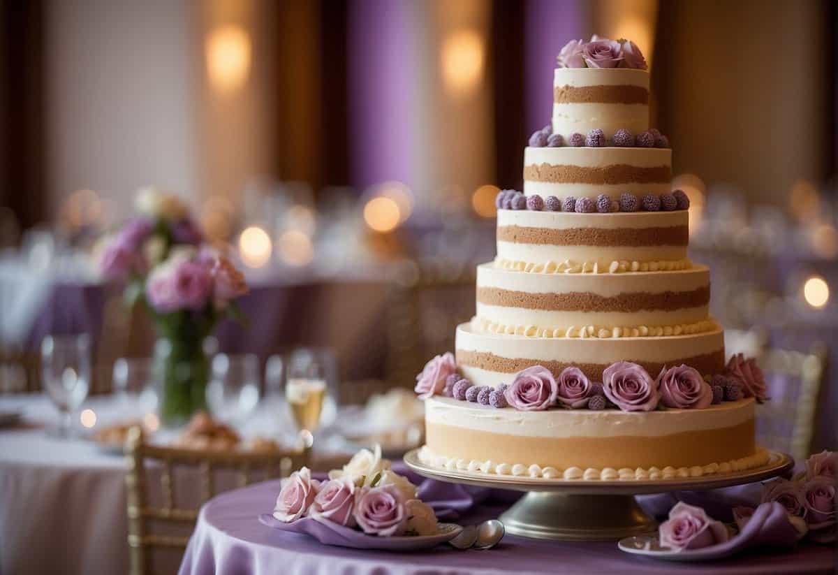 A towering five-tier wedding cake adorned with unique flavors and fillings, such as lavender honey, chai spice, and champagne raspberry