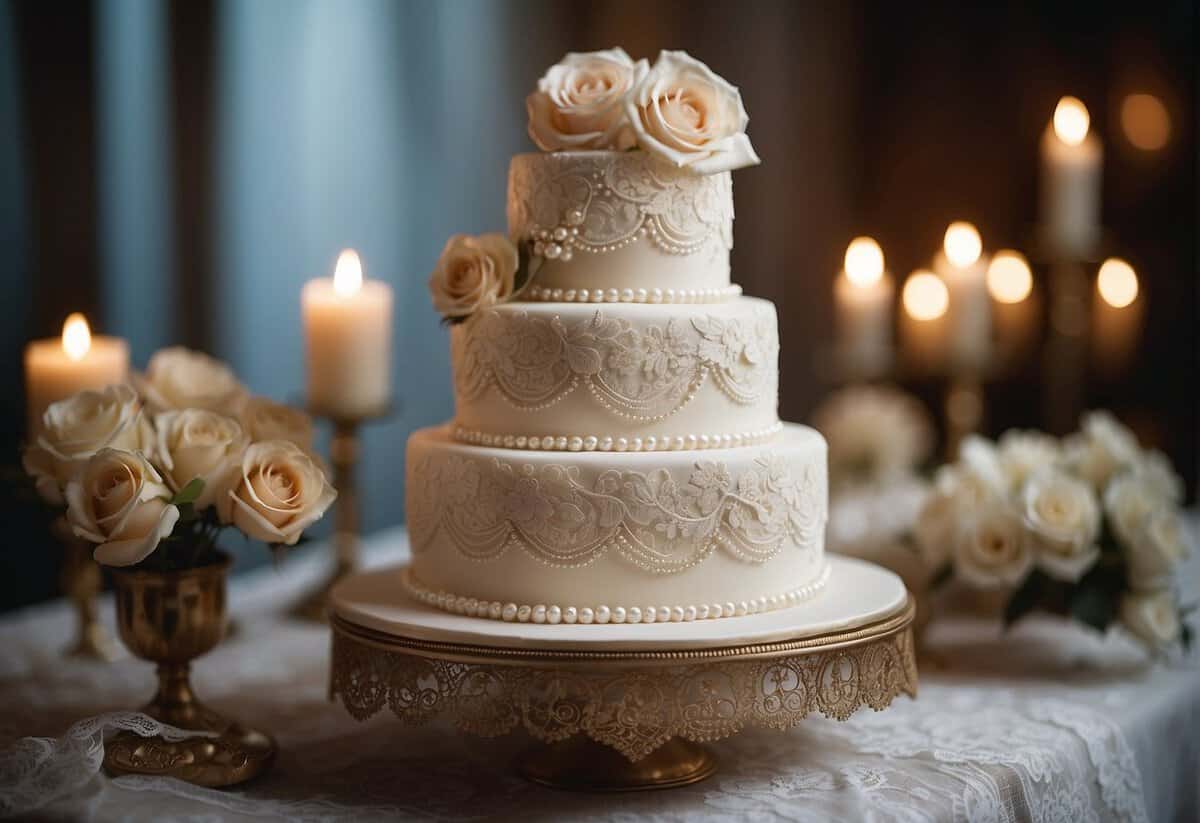 A tiered wedding cake adorned with lace, pearls, and roses, set against a backdrop of vintage lace and antique tableware