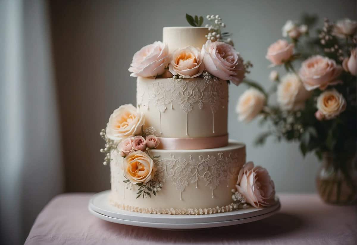A vintage wedding cake adorned with pastel flowers and delicate lace, set against a backdrop of soft, muted colors and romantic, nostalgic details