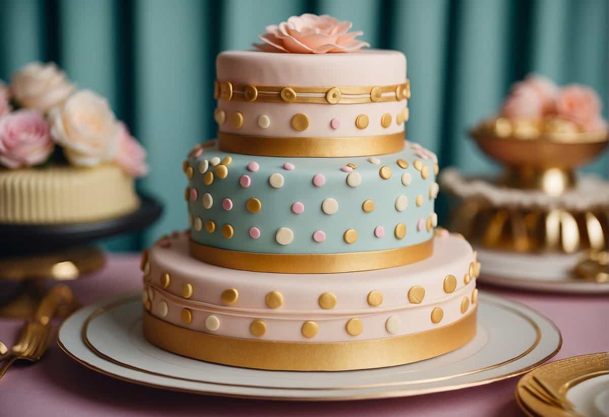 A 1950s-themed wedding cake with pastel colors, polka dots, and a tiered design. A 1920s cake with art deco details, gold accents, and geometric shapes