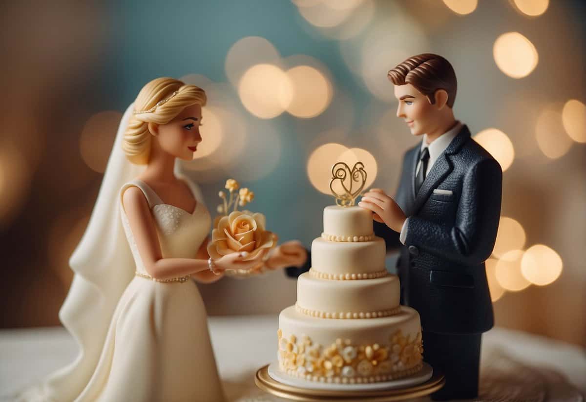 A couple carefully selects a vintage cake topper from an array of options, surrounded by elegant wedding decor
