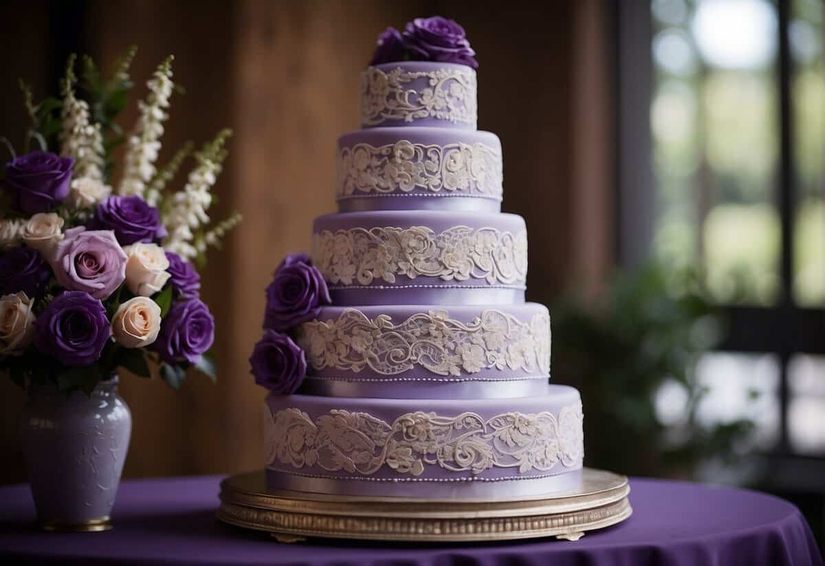 A three-tiered purple wedding cake adorned with cascading flowers and intricate lace designs