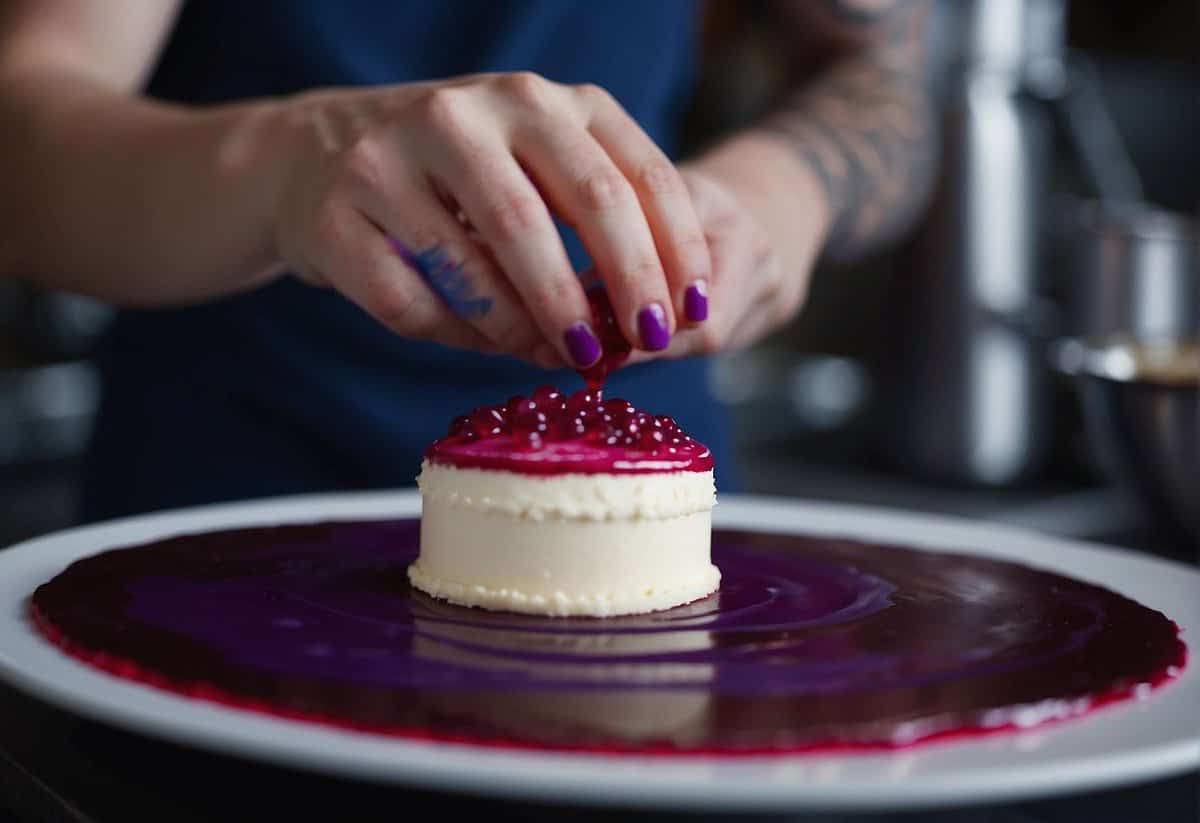 A baker carefully mixes red and blue food coloring to create the perfect shade of purple for a wedding cake