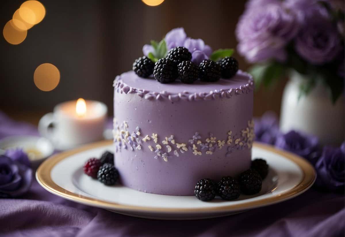 A vibrant purple wedding cake adorned with unique flavor pairings like lavender and blackberry, set against a backdrop of cascading floral decorations