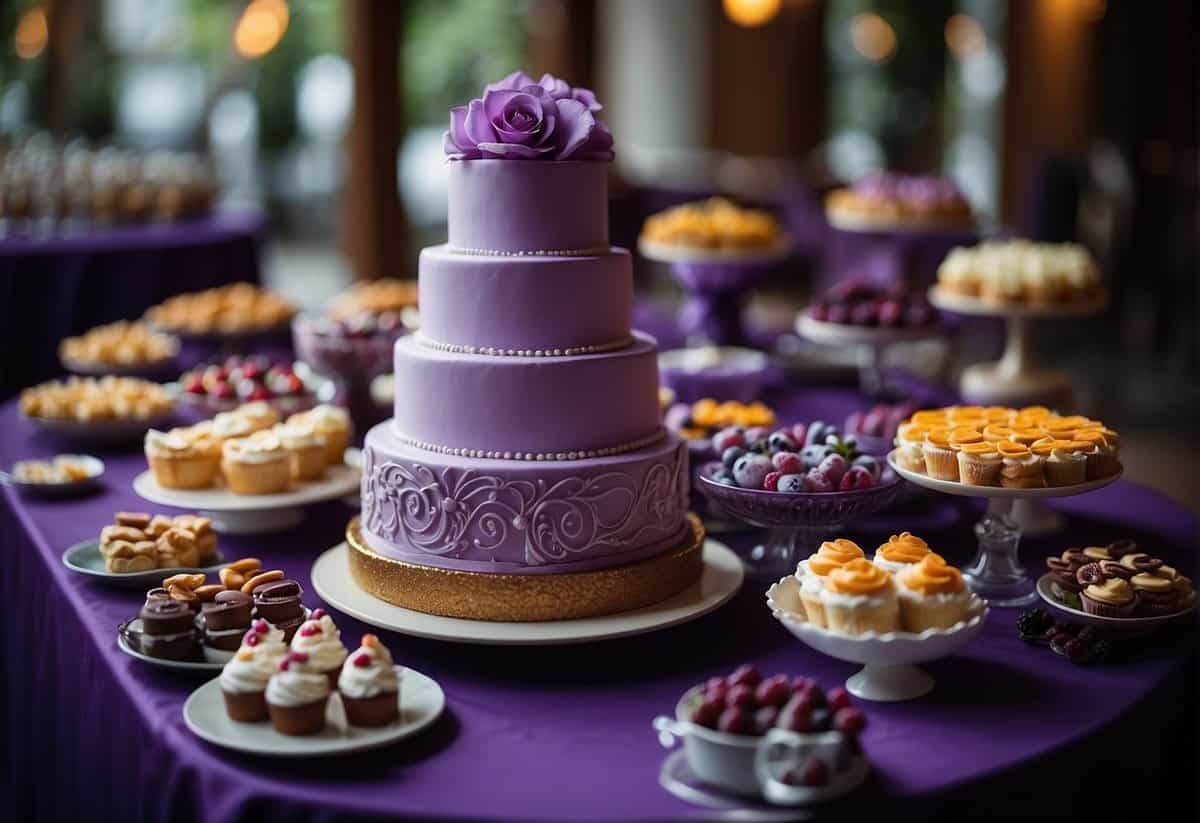 A table adorned with a vibrant purple wedding cake surrounded by complementary desserts and displays
