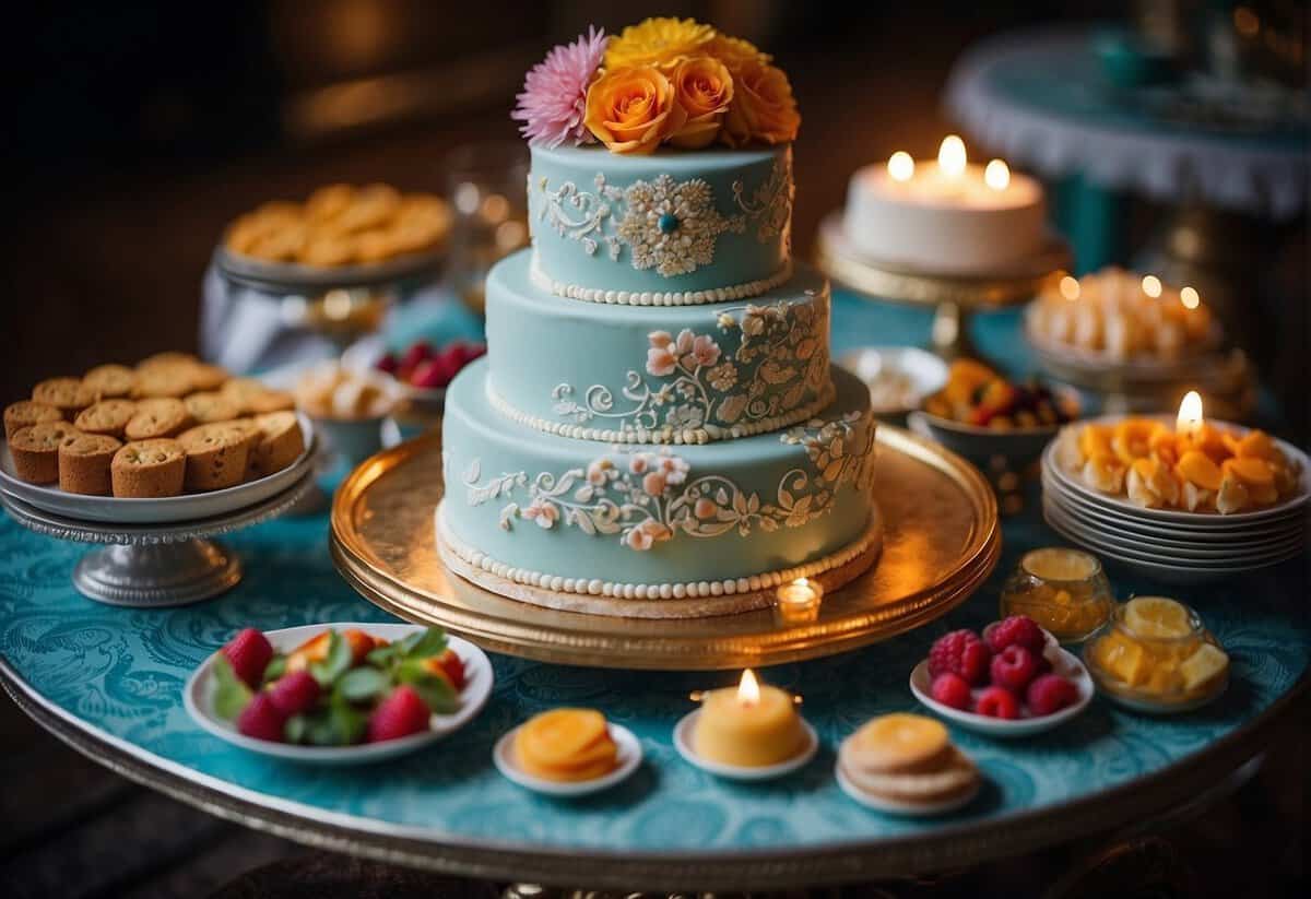A table adorned with unique wedding cake designs from around the world, featuring vibrant colors, intricate patterns, and exotic flavors