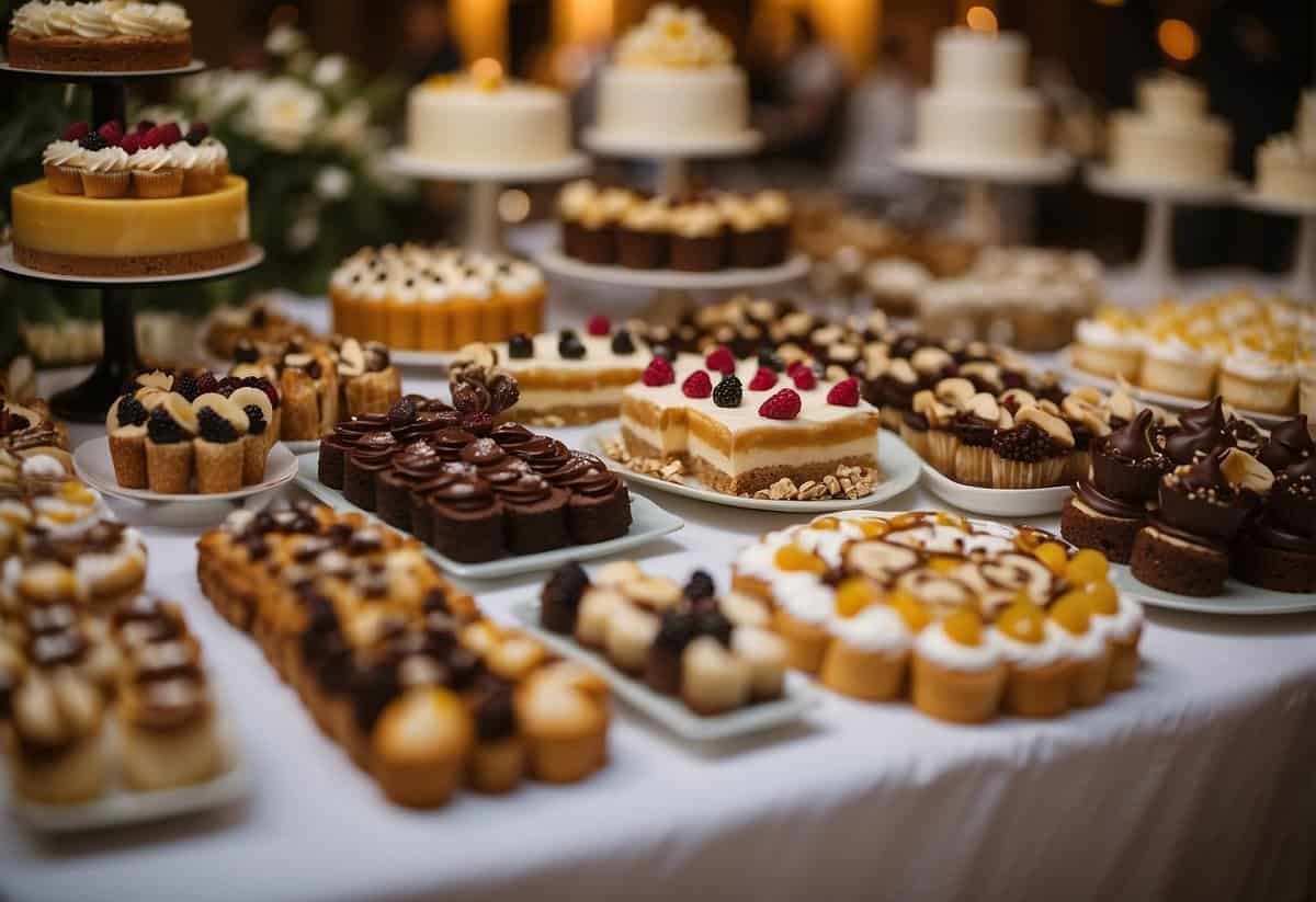 A variety of decadent desserts and sweets are displayed on a beautifully decorated buffet table, with a selection of alternative wedding cake ideas showcased on a separate dessert bar