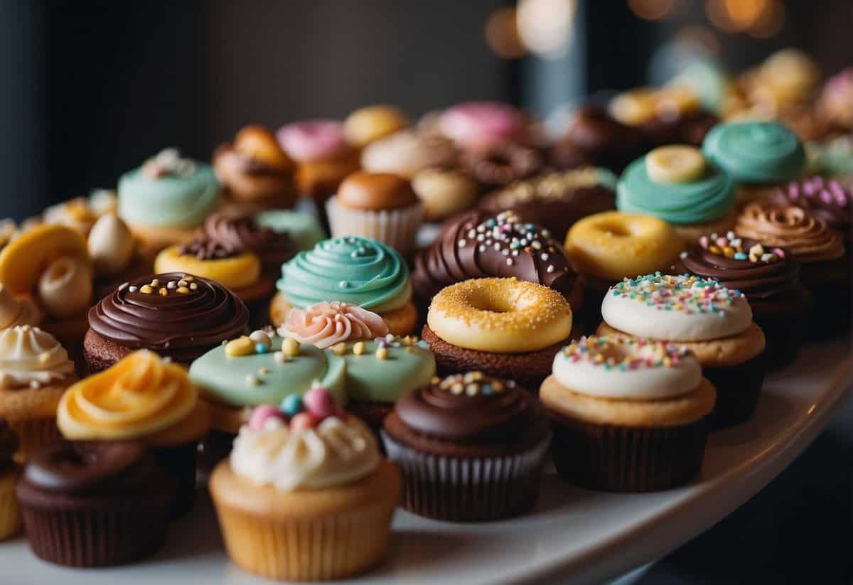 A table adorned with unique wedding cake alternatives: cupcakes, donuts, macarons, and cake pops in a variety of colors and designs