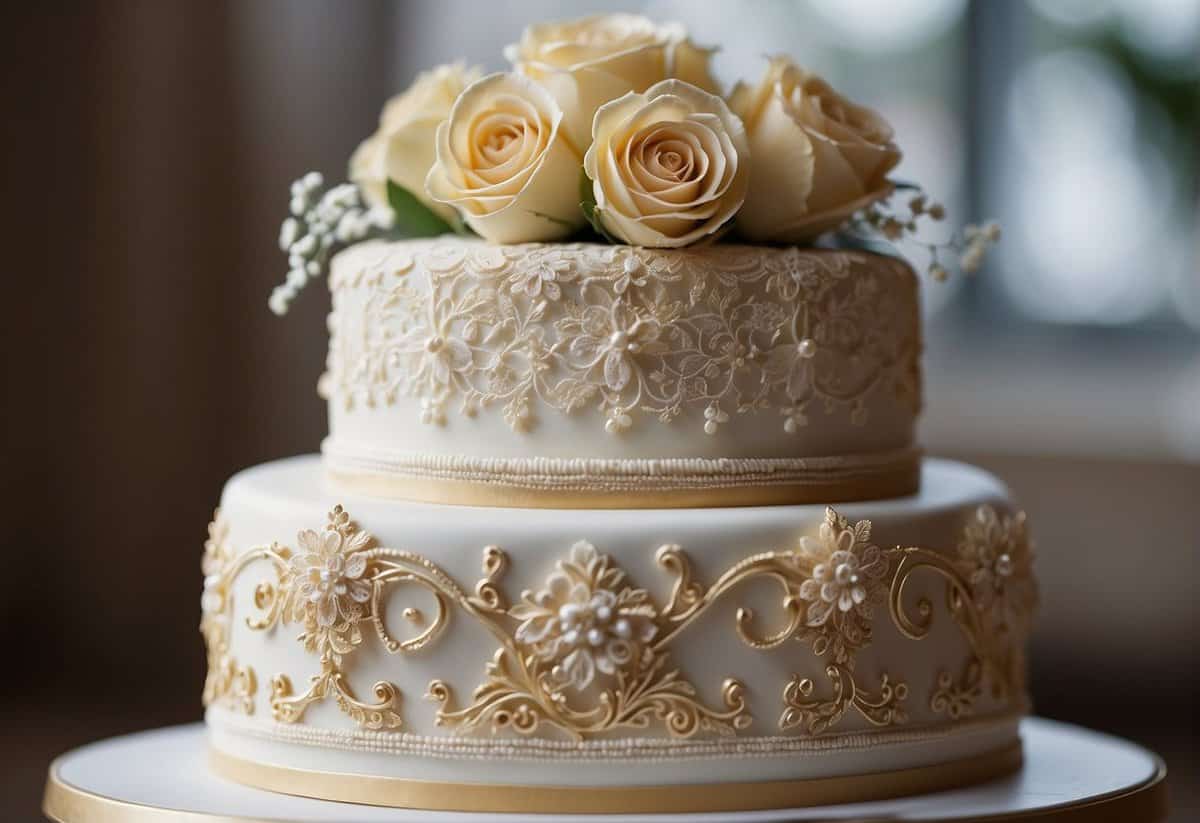 A three-tiered wedding cake adorned with intricate lace and floral designs. Each layer is a different flavor, and the top is topped with a delicate bride and groom figurine