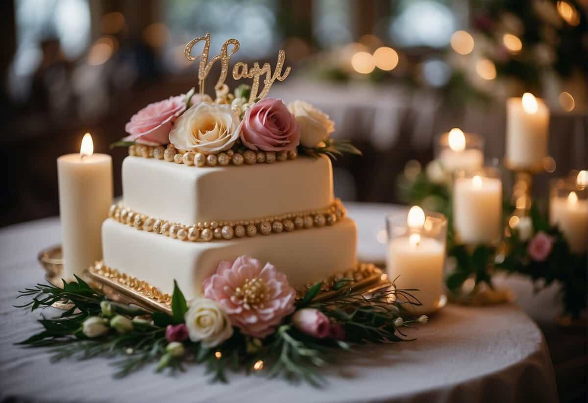 A square wedding cake adorned with creative toppers and accents, such as flowers, ribbons, and intricate designs, stands on a beautifully decorated table