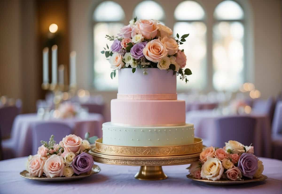 A three-tiered wedding cake with a square shape. The color theme is pastel with hues of pink, lavender, and mint. The palette includes delicate floral accents and gold trim