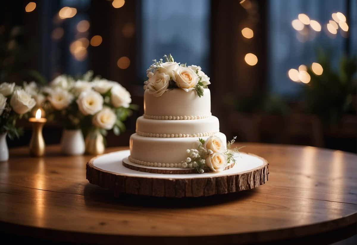 A simple two-tiered wedding cake adorned with fresh flowers and a rustic cake topper sits on a wooden dessert table against a backdrop of soft, romantic lighting