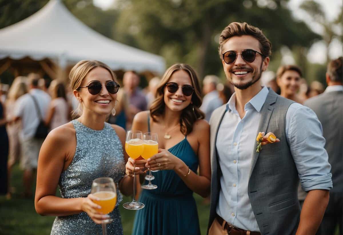Guests engage in interactive stations and games, such as lawn games, photo booths, and DIY cocktail bars, creating a lively and entertaining atmosphere at the wedding