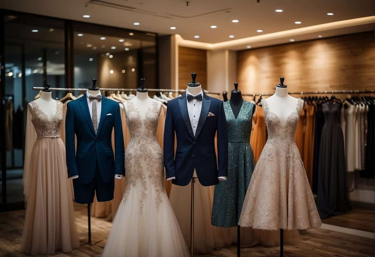 A table displays various pre-wedding clothing options, including suits, dresses, and accessories, set against a backdrop of soft lighting and elegant decor