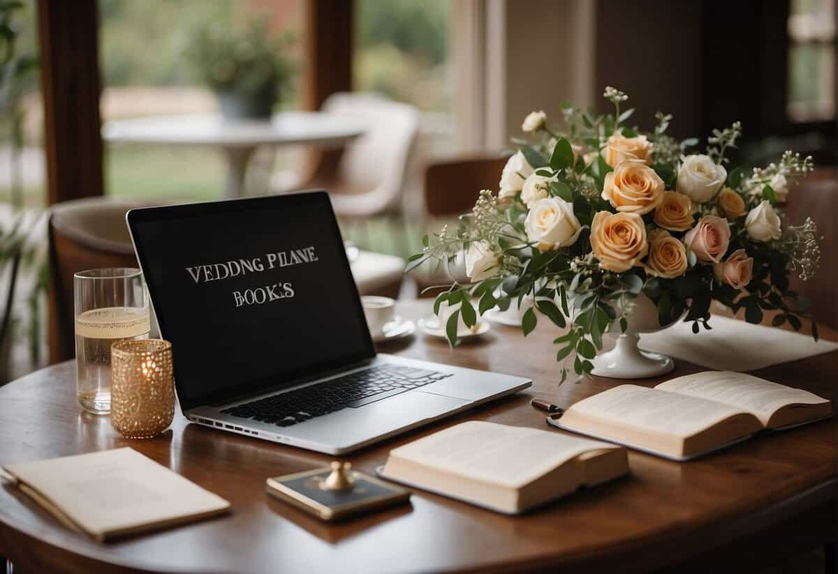 A table set with wedding planning books, a laptop, and a floral arrangement. A couple sits discussing etiquette and making notes