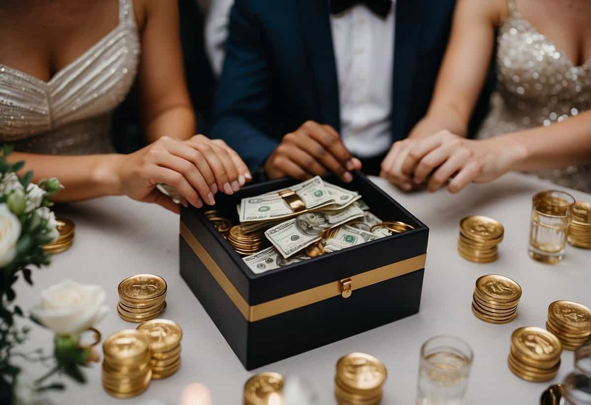 Guests place cash in a decorative box at a wedding reception