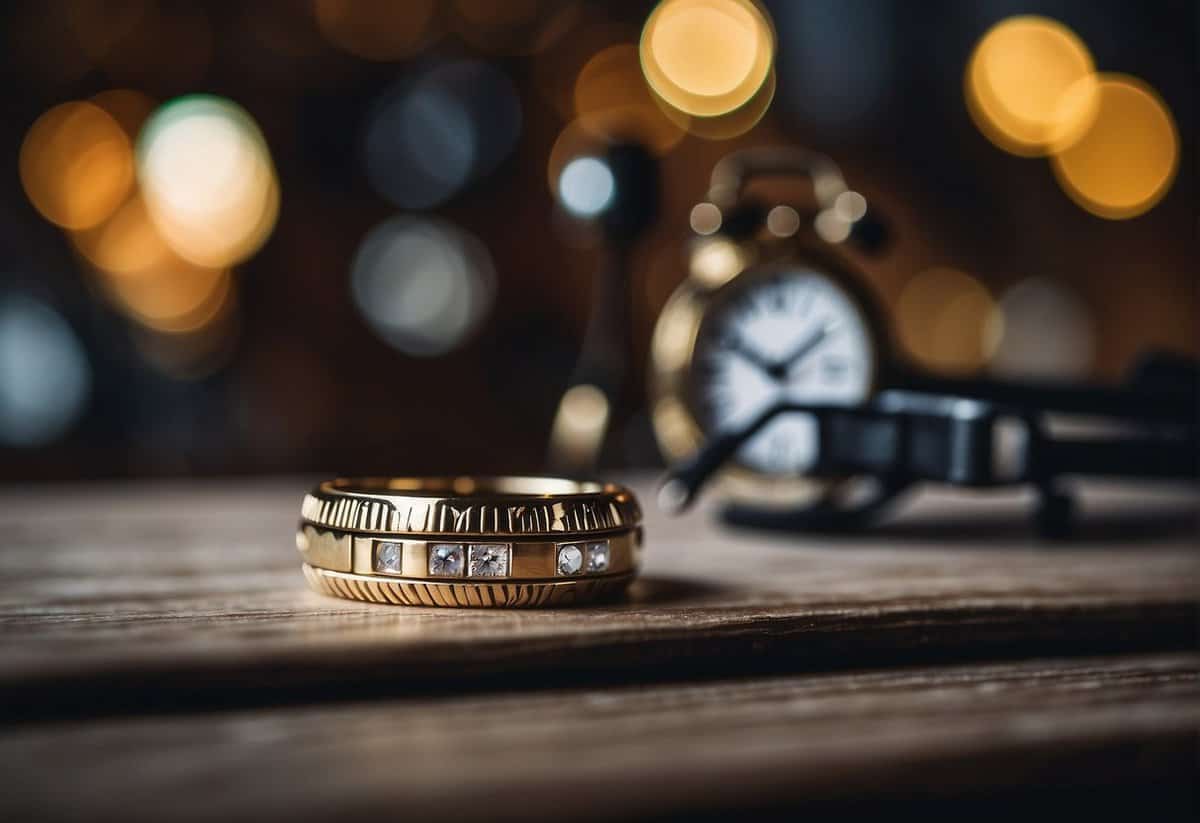 A wedding ring and a broken clock on a table