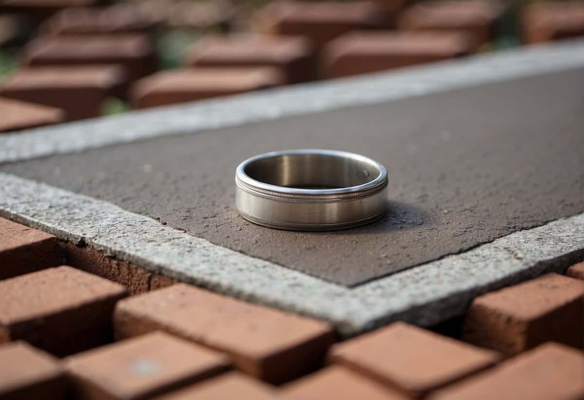 A sturdy brick foundation being laid for a house, with a wedding ring and marriage certificate symbolically embedded in the cement