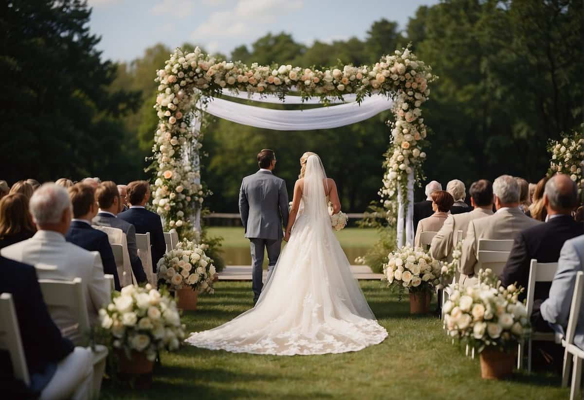 A bride's veil caught in the gentle breeze as it flows down the aisle, while flowers adorn the venue and a ceremonial arch stands tall