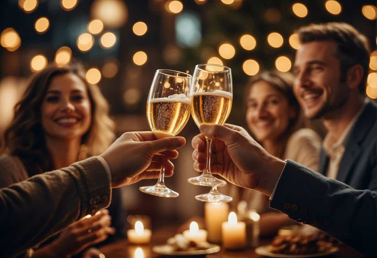 Guests clinking glasses, laughter filling the air, and the soft glow of twinkling lights creating a warm and festive atmosphere