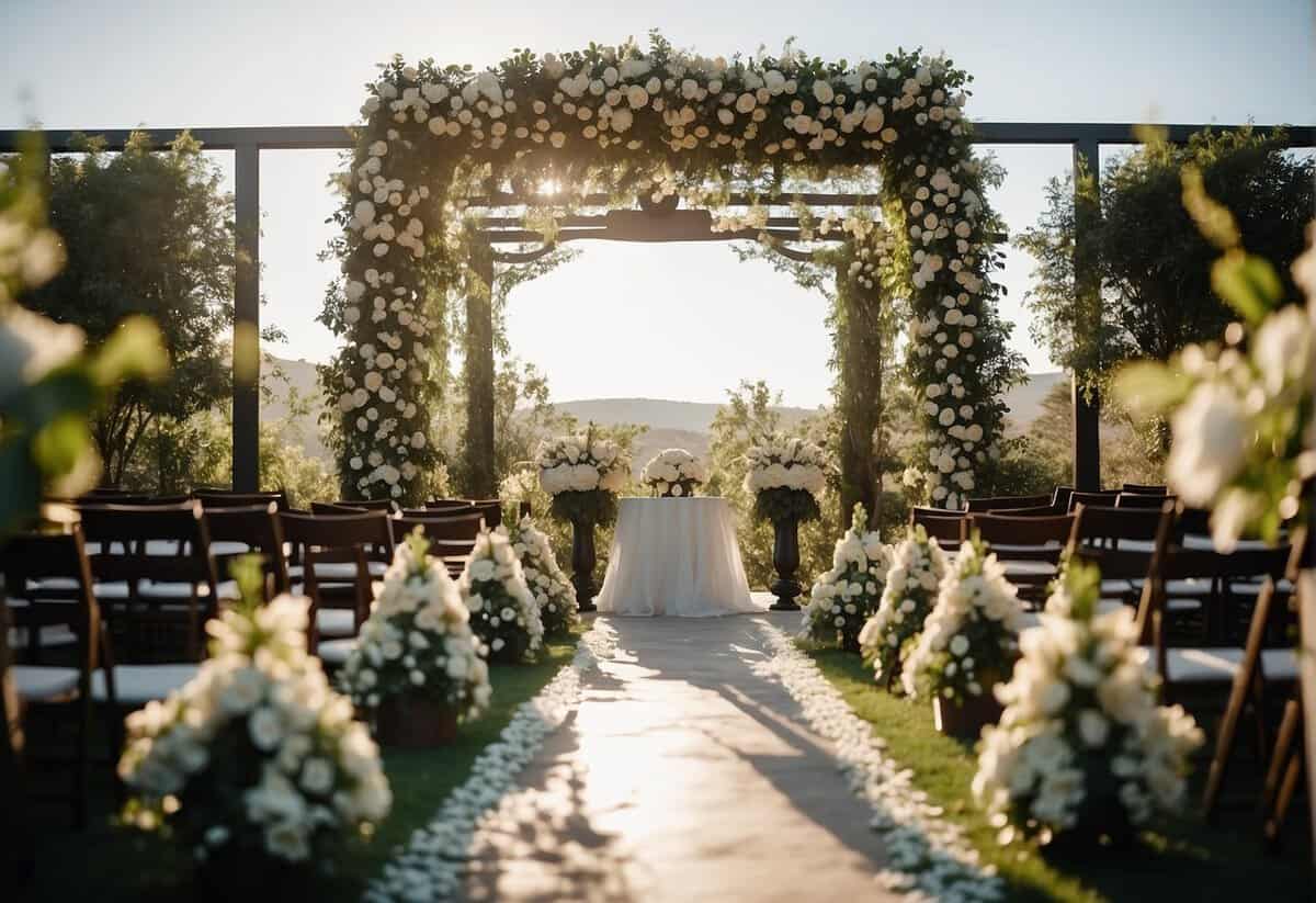 An elegant wedding venue with a decorative arch, floral arrangements, and a beautiful aisle set up for a ceremony
