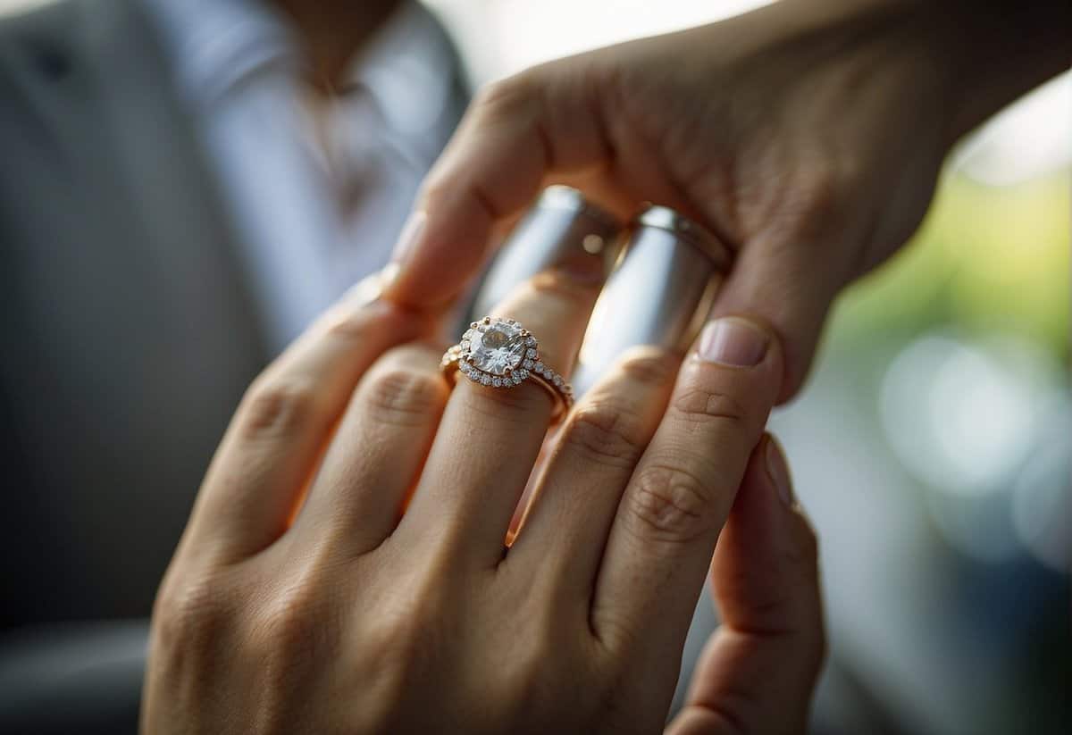 A wedding ring being placed on a finger