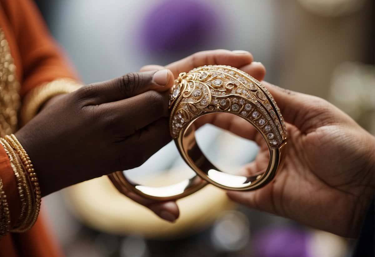 A wedding ring being exchanged between two people, surrounded by diverse cultural symbols and traditions
