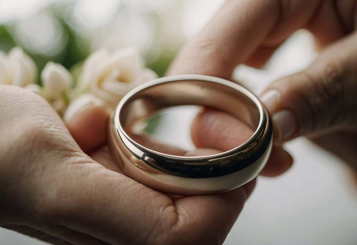 A wedding ring being exchanged between two hands