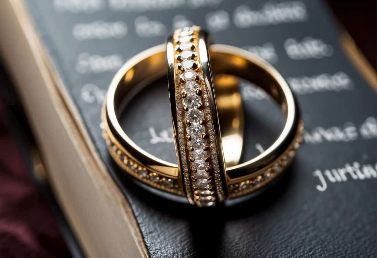A wedding ring placed on a book titled "Understanding Marriage and Its Connotations" with a spotlight shining down on it