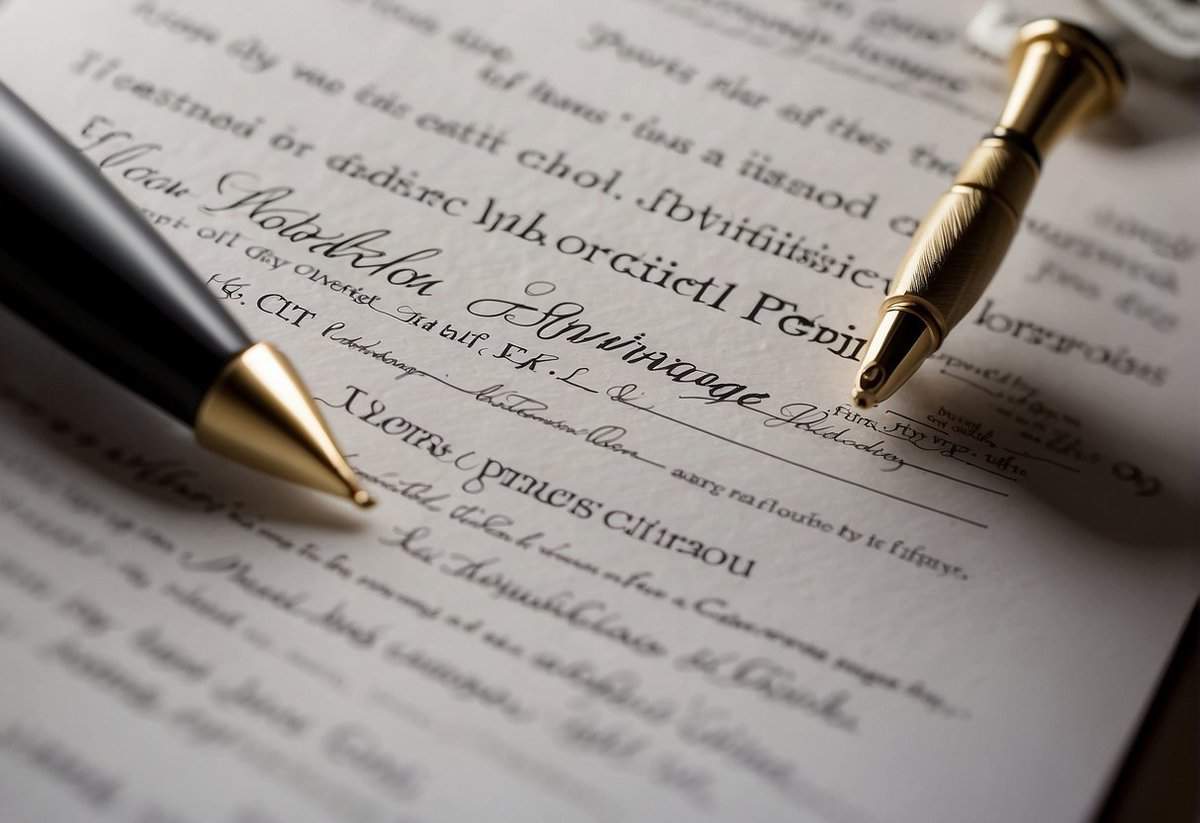 A marriage certificate is being signed by two people with a witness present, symbolizing the legal and social implications of marriage