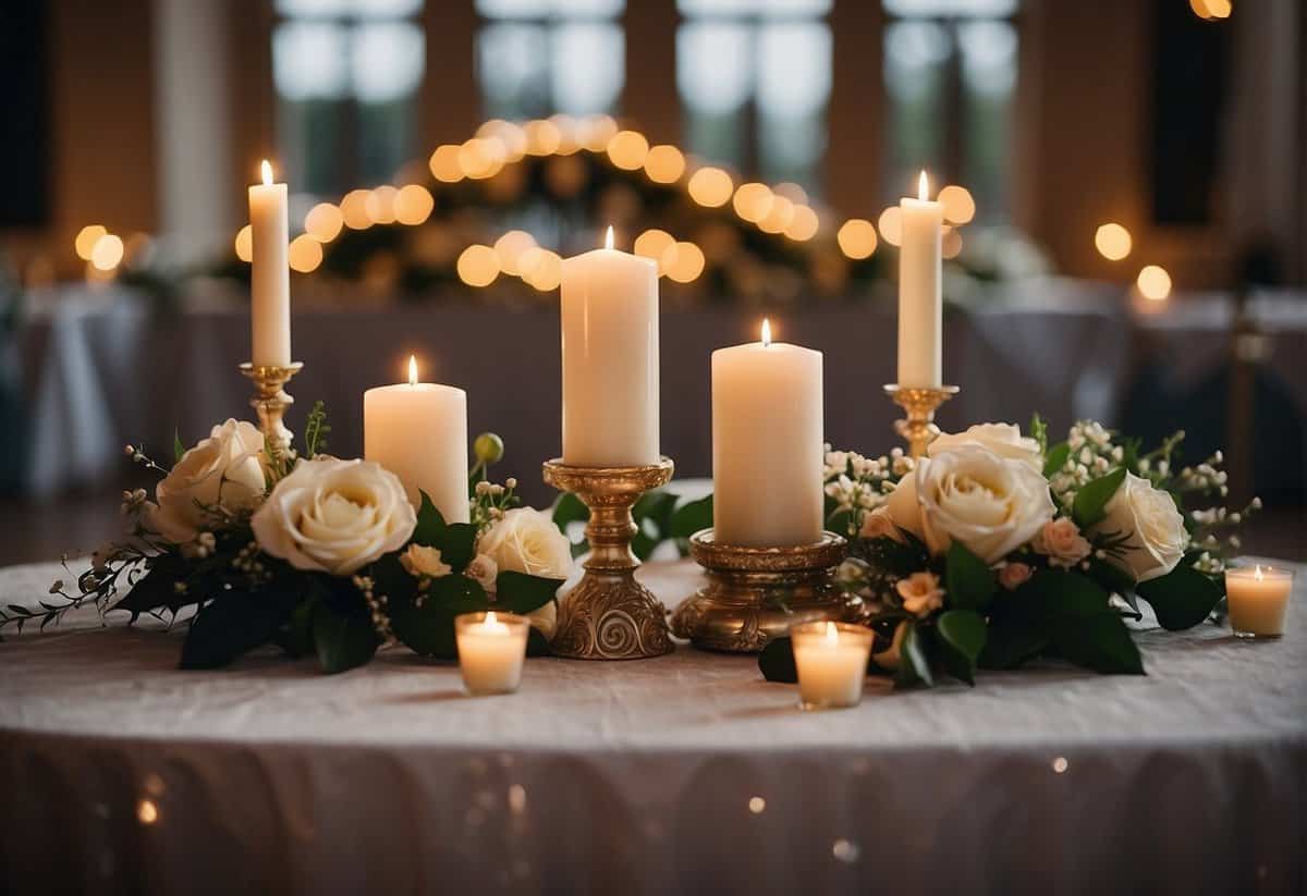 A wedding scene: A decorated altar with two intertwined rings, flowers, and candles. A joyful atmosphere with guests in formal attire