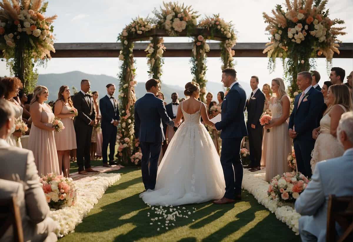 A wedding scene with a bride and groom exchanging vows at the altar, surrounded by family and friends, with flowers and decorations adorning the venue