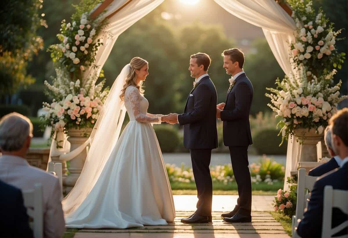 A bride and groom exchanging vows at an elegant altar amidst a beautiful garden with blooming flowers and a serene sunset in the background