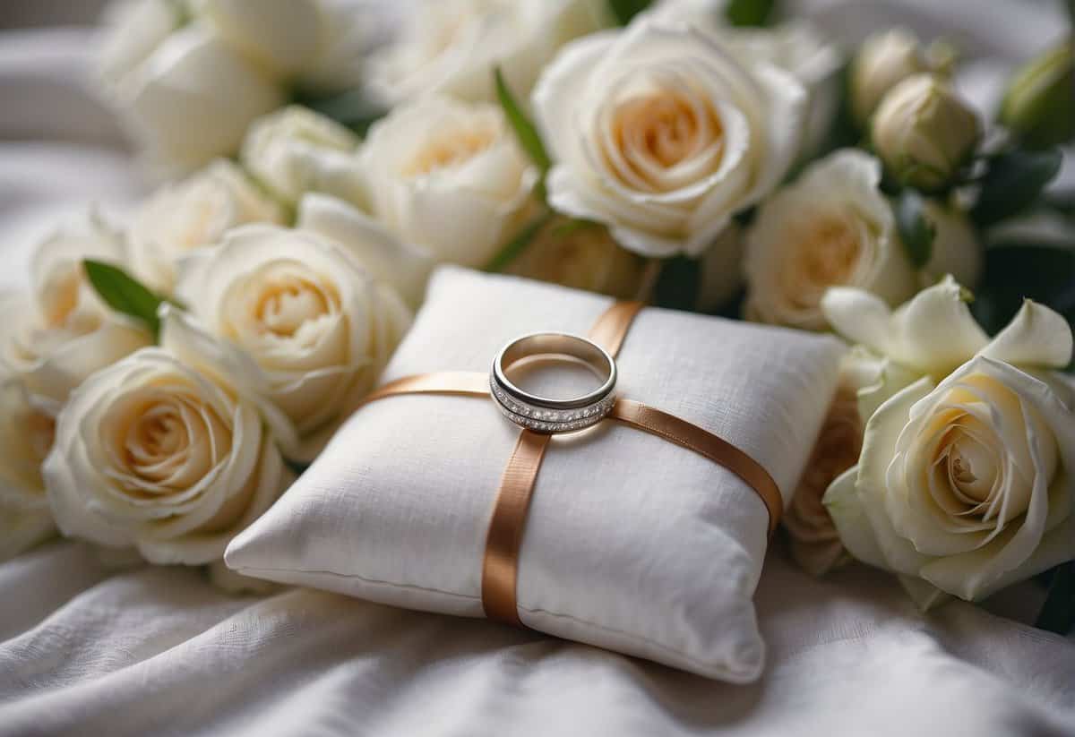 A wedding ring placed on a white pillow, surrounded by flowers and candles