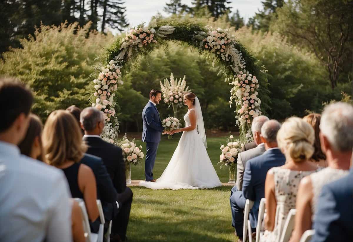 A bride and groom stand facing each other under an arch of flowers, surrounded by their loved ones. A minister or officiant stands before them, leading the ceremony