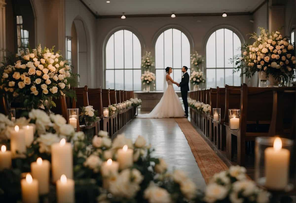 The wedding venue is adorned with flowers and candles, as the bride's gown hangs elegantly and the groom's suit is neatly laid out