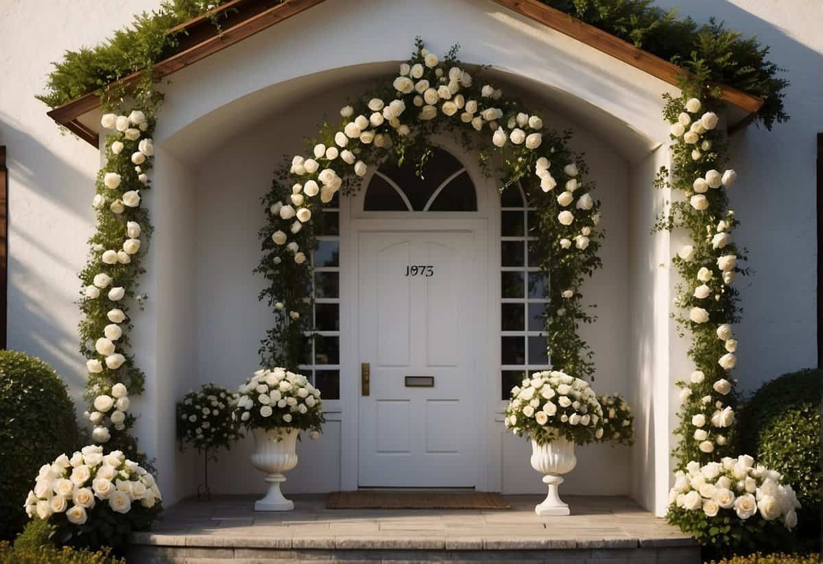 A small, charming chapel with white roses and greenery adorning the entrance. A sign reads "Weddings for 10k" in elegant script