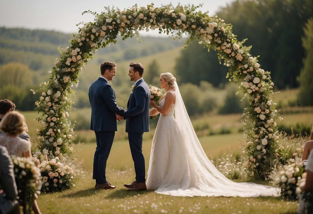 A bride and groom exchange vows under a floral arch in a charming countryside setting
