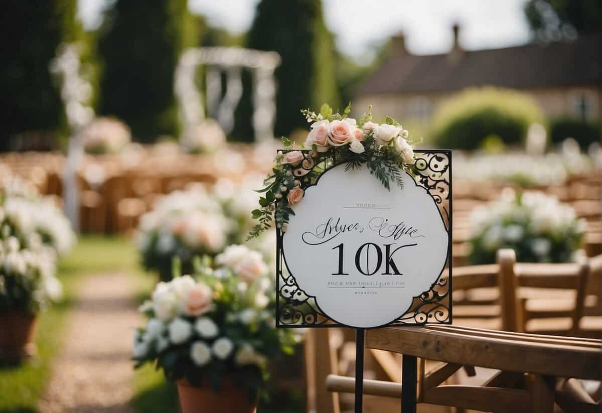 A wedding venue in the UK with decorative elements and a sign indicating a budget-friendly wedding package for 10k