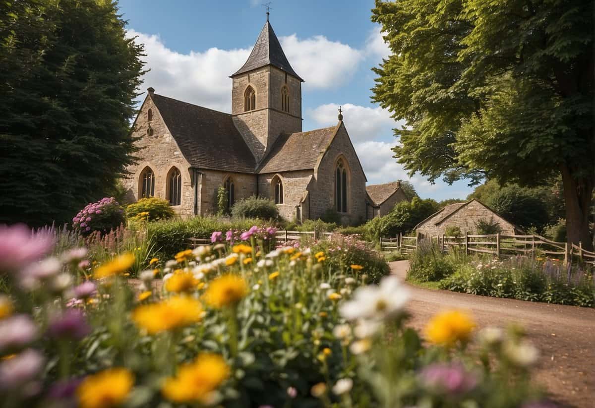 A quaint countryside church with a picturesque garden, adorned with colorful flowers and surrounded by rolling hills, offers the cheapest option for a wedding in the UK