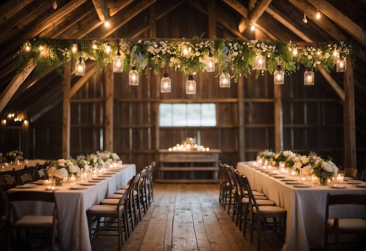 A rustic barn setting with string lights, floral arrangements, and a simple wooden altar. Tables adorned with lace tablecloths and mason jar centerpieces