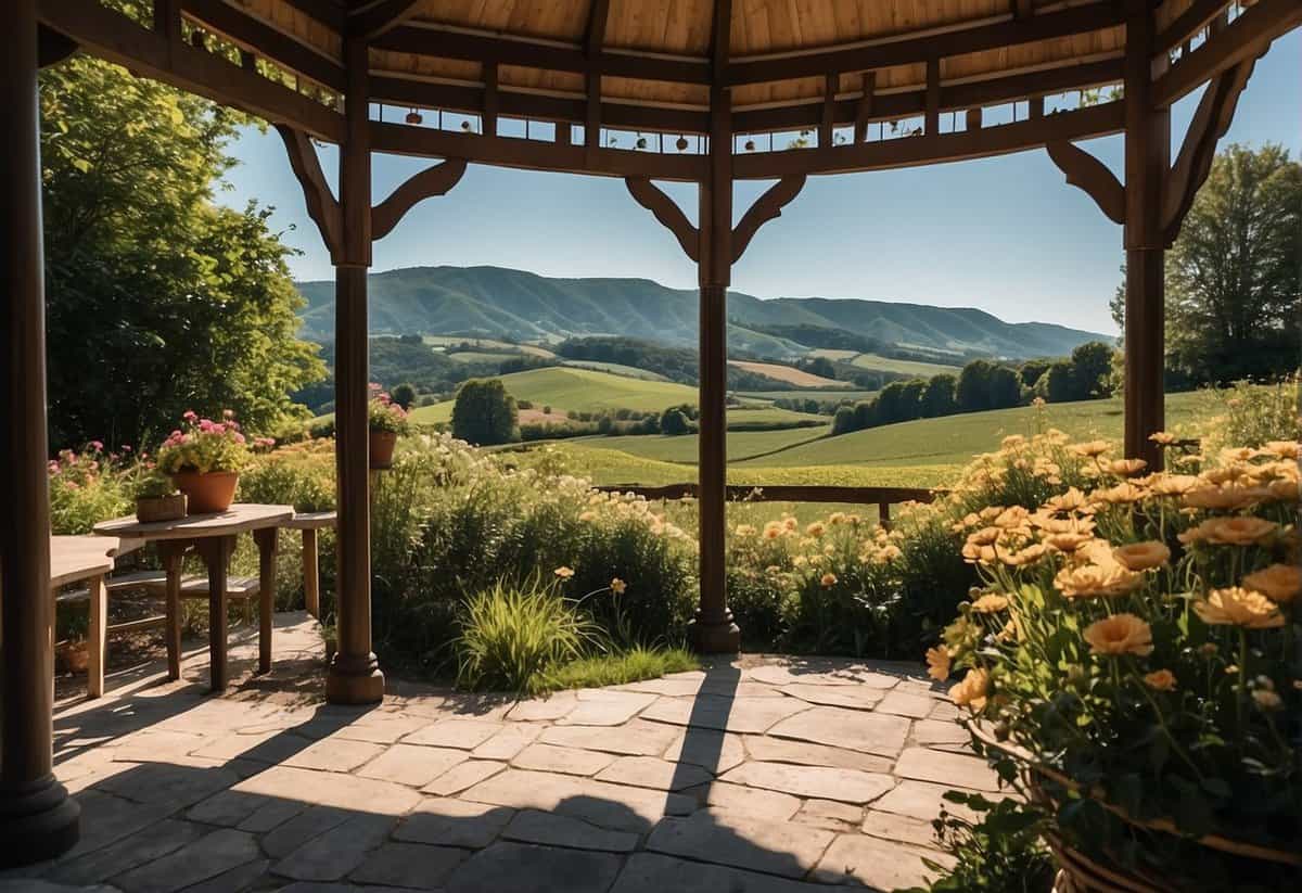 A picturesque countryside setting, with blooming flowers and a quaint gazebo, set against a backdrop of rolling hills and a clear blue sky