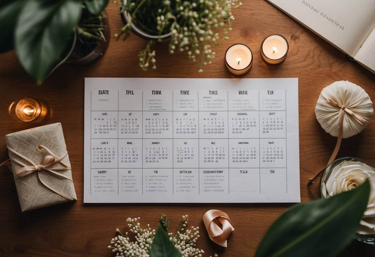 A calendar with a circle around a date, surrounded by wedding planning books and a happy couple's engagement photo