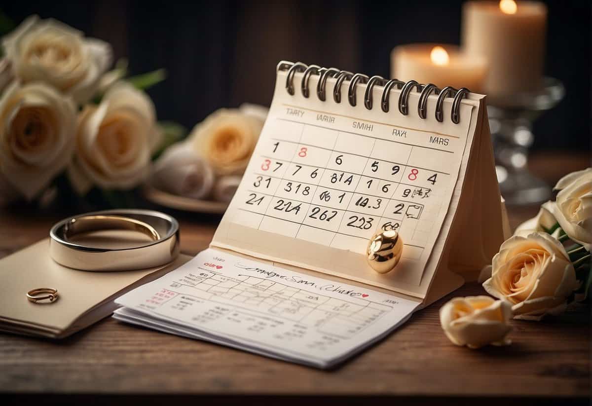 A calendar with a circle around a date, surrounded by wedding-related items like rings, flowers, and a cake