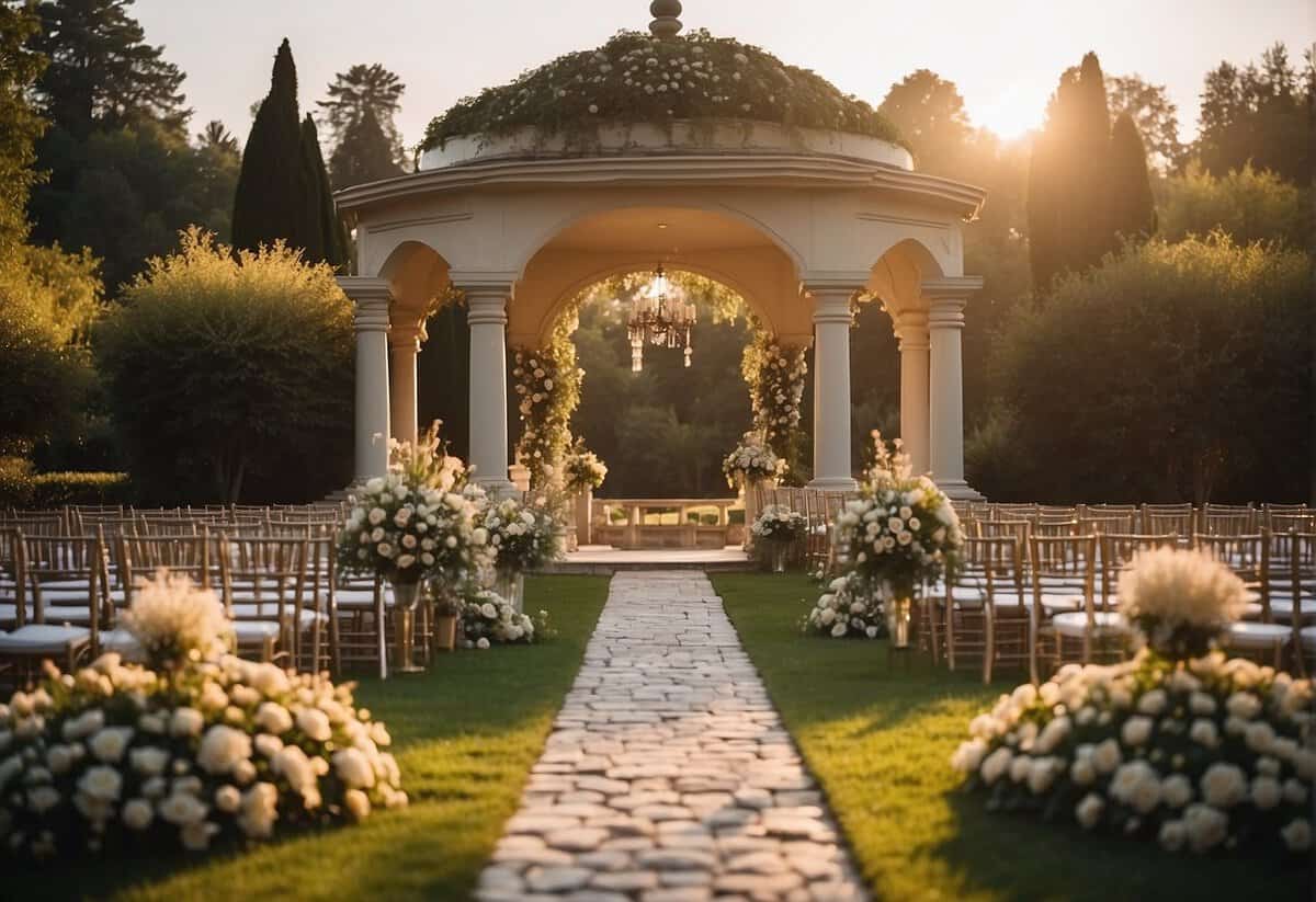 A grand wedding venue, adorned with elegant decor, overlooks a serene garden. The sun sets, casting a warm glow over the picturesque setting