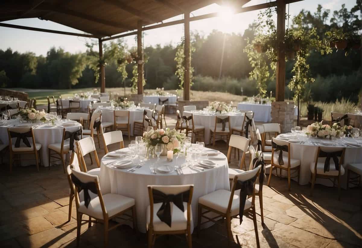 A wedding venue with tables, chairs, and decor. A budget breakdown chart and calculator on a table. A sign with the title "Breaking Down the Budget."