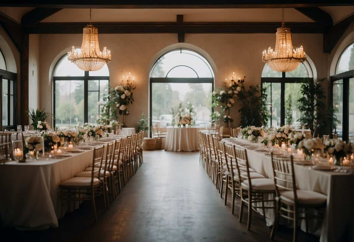 The scene includes a wedding venue with various expenses listed such as catering, decorations, and entertainment. The setting should convey a sense of elegance and celebration